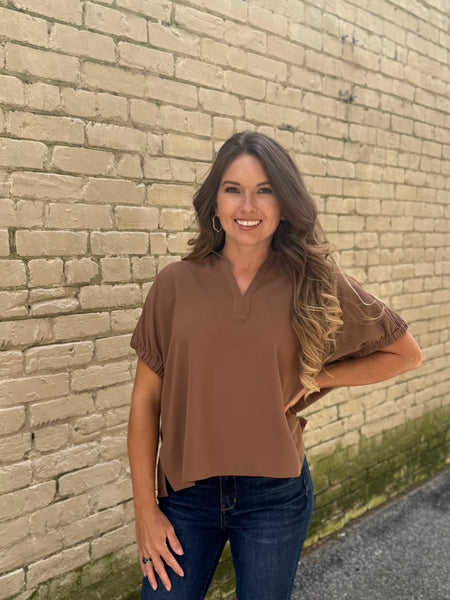 Mocha Split Collar Top - Southern Grace Boutique 
