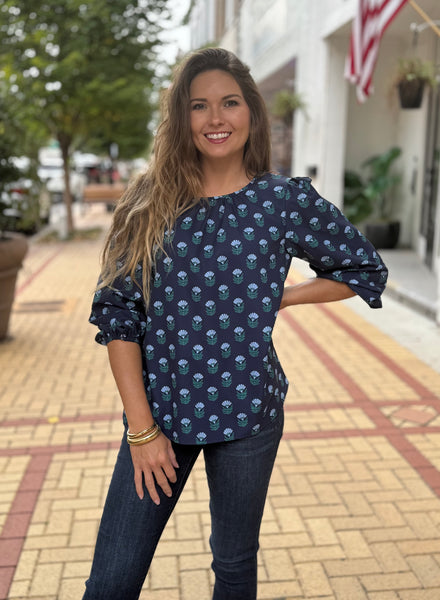 Azalea Floral Foulard Blue Top - Southern Grace Boutique 