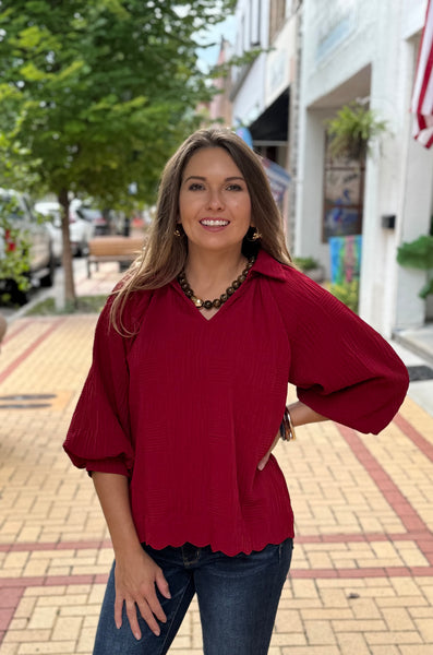 Crimson V-Neck Top - Southern Grace Boutique 