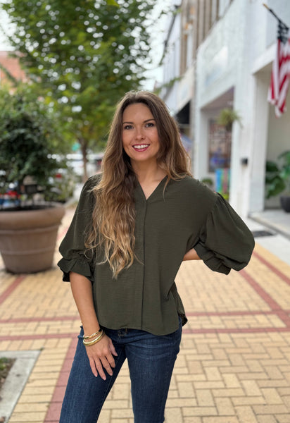 Olive 3/4 Length Sleeve Blouse - Southern Grace Boutique 