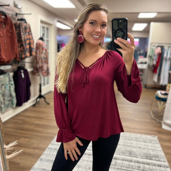 Burgundy Long Sleeve Top - Southern Grace Boutique 