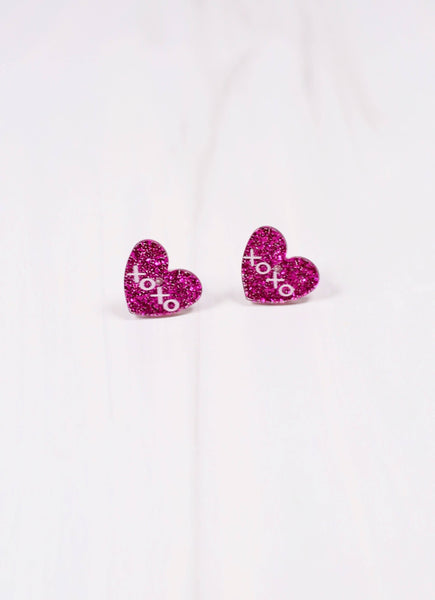 XOXO Glitter Heart Stud Earring FUCHSIA - Southern Grace Boutique 